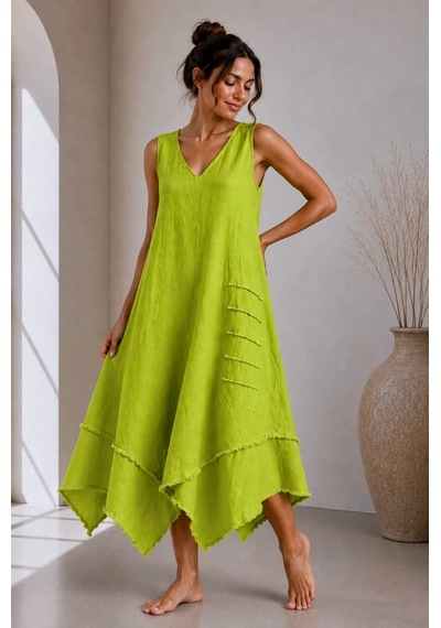 Bb Butik Basic İtalyan Keten V Yaka Asimetrik Salaş Elbise Dm0935 Olive