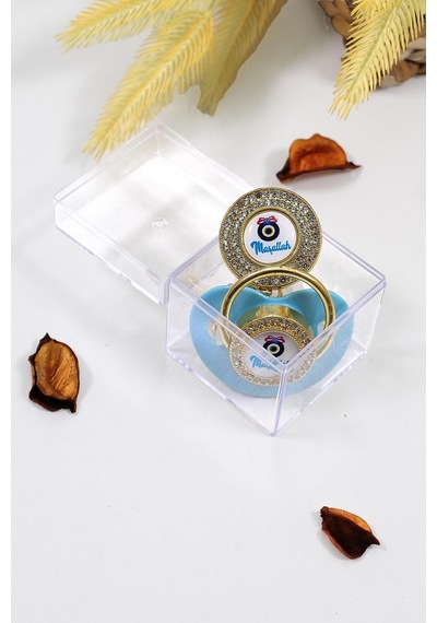 Erkek Bebek Mavi İthal Lüks Kristal Swarovski Taşlı Emzik Zincirli Askı Hediye Seti Stl6643
