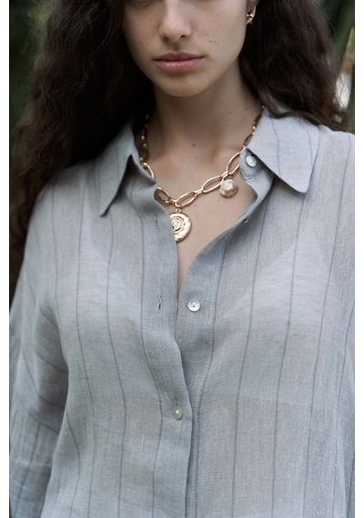 Mai Collection Mai Studios Co. Calynn Sırt Dekolteli Çizgili Vizon Keten Gömlek VİZON