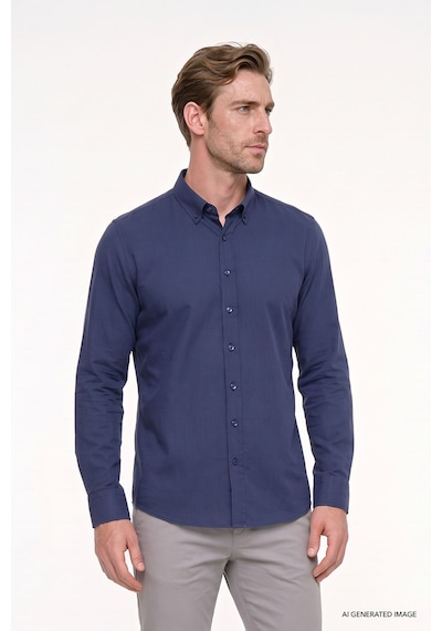AC&Co / Altınyıldız Classics Erkek LACI Tailored Slim Fit Dar Kesim Düğmeli Yaka %100 Pamuk Gömlek Lacivert