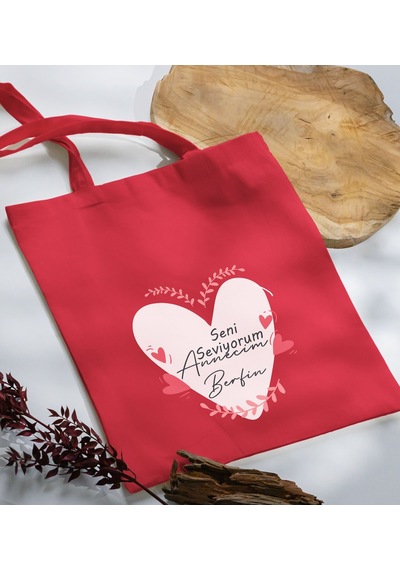 Bk Gift Kişiye Özel İsimli Anneler Günü Tasarımlı Kırmızı Kumaş Bez Çanta, Baskılı Omuz Çantası, Alışveriş Çantası, Anneler Günü Hediyesi, Anneye Hediye-10