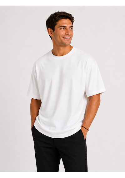 Vasto Moda Erkek Oversize Kalın Dokulu %100 Organik Pamuk Bisiklet Ribana Yakalı Beyaz T-shirt
