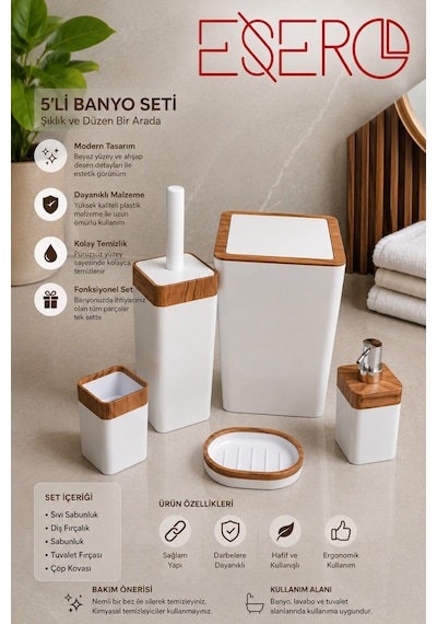 Dante 340 Ahşap Beyaz 5 Parça Lüks Banyo Seti Ahşap Desenli Çöp Kovası Wc Fırçası Sıvı Sabunluk Diş Fırçalık Sabunluk