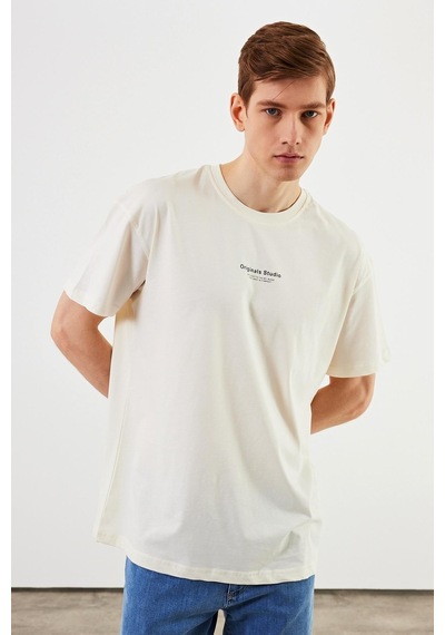 Leo Erkek Oversize Tshirt %100 Pamuk Bisiklet Yaka Baskı Detaylı Basic Tişört Mtlce81 Ekru