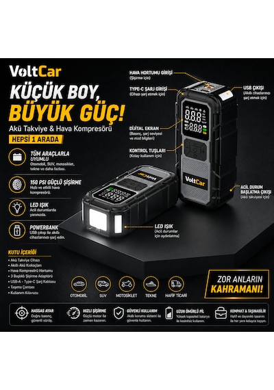 Voltcar Akü Takviye Cihazı Akıllı Araç Lastik Şişirme Kompresörü Powerbank Dijital Ekranlı Taşınabilir Hava Pompası