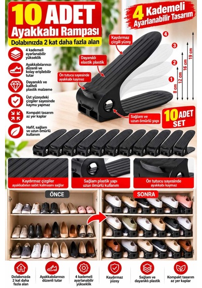 Shoemax 4 Kademeli Ayarlanabilir Ayakkabı Rampası Dolap İçi Yer Tasarruflu Ayakkabı Düzenleyici. Siyah