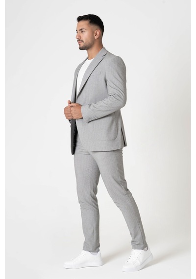 Modmen Slim Fit Çizgili Erkek Gri Takım Elbise Mşk Gri