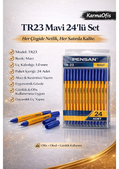 Tr23 Mavi Tükenmez Kalem 24 Lü Set 1.0 Mm Uç, Akıcı Yazım, Ofis & Okul Kullanımı Çok Renkli24