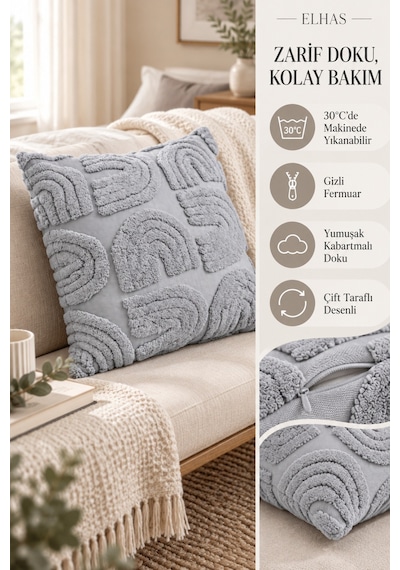 Kabartma Desenli Yumuşak Dokulu Dekoratif Kırlent Kılıfı Modern Ve Şık Yastık Kılıfı 1 Adet Gri - 923377985 Gri