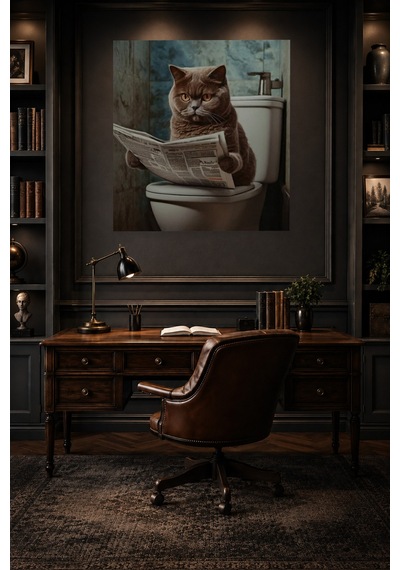 Tam Renk Tekli Kare Banyo Gazete Okuyan Gri British Kedi Dekoratif Kanvas Duvar Tablosu Çok Renkli
