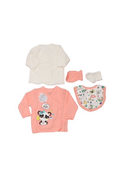 Bebegen Kız Bebek Somon Beyaz Cute Baby Yazılı Panda Baskılı 10 Parça Hastane Çıkış Seti Çok Renkli