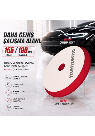 Menzerna Kalın Pasta Süngeri 155/180mm - Kırmızı Rotary Ve Orbital Uyumlu Çizik Giderici Ped