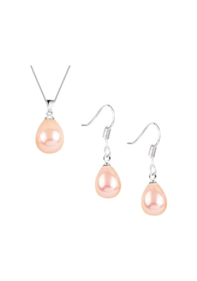 Pembe İnci Damla Küpe - Kolye Gümüş Set Kancalı Model