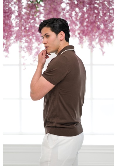 Advante Slimfit Kolları Lastikli Likralı Desenli Polo Yaka Triko T-shirt Kahverengi