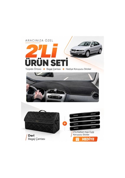 Seat Toledo 2005-2013 Uyumlu Torpido Örtüsü + Deri Bagaj Çantası + Sticker Seti - Siyah