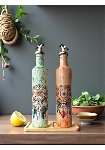 500 Ml El Boyaması Cam Yağdanlık Seti Dreamcatcher Rüya Kovucu Desenli Ahşap Standlı Turu Turuncu