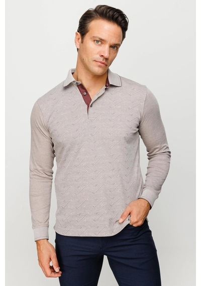 Desen Triko Erkek Polo Yaka Desenli Uzun Kollu Sweatshirt Bej Bej