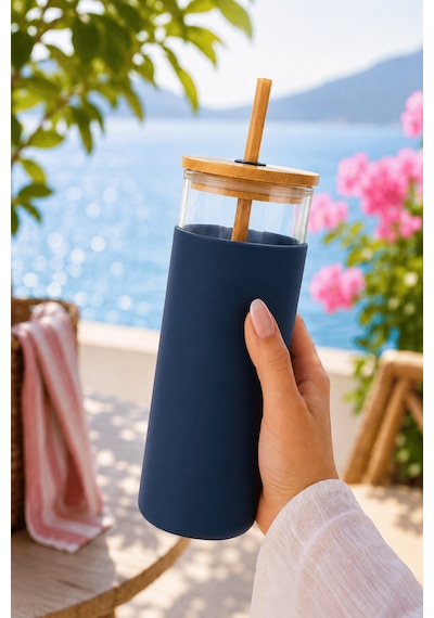Bambu Pipetli Cam Bardak 550 Ml Silikon Kılıflı Kahve Bubble Tea Ve Su Şişesi - Mavi