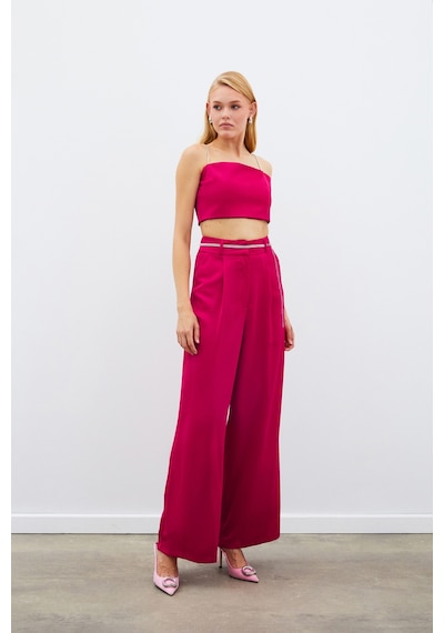 Sateen Taş Kemerli Saten Pantolon - Mercan-134979 Mercan