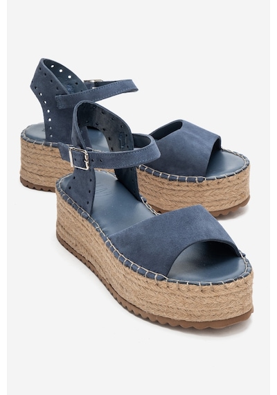 Luvishoes Serez Kot Mavi Süet Hakiki Deri Kadın Hasır Dolgu Taban Sandalet Mavi