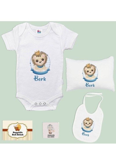 Bk Kids Kişiye Özel İsimli 5 Parça Beyaz Bebek Body Zıbın Yastık Hediye Seti, Yeni Doğan Bebek Giyim Hediyesi-5