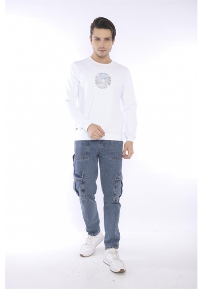 Escetic Erkek Spor Slimfit, Bisiklet Yaka Beyaz Sweatshirt-4260