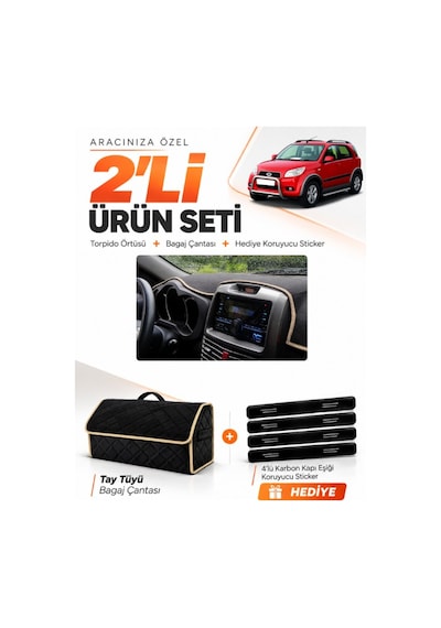 Daıhatsu Terıos 2006-2011 Uyumlu Torpido Örtüsü + Tay Tüyü Bagaj Çantası + Sticker - Siyah Bej