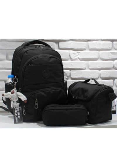 İlk Okul Çantası 3'lü Seti Unisex Çocuk İlkokul Çantası Gry-8010 Siyah Siyah