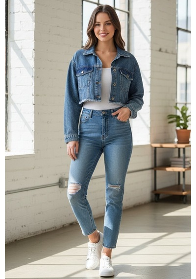 Kadın Mavi Taşlı Oversize Kot Ceket