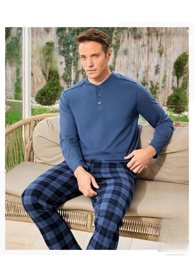 Pijamoni Erkek Düğme Yaka Uzun Kol Mevsimlik Pijama Takımı 6810/19 - 1 Adet Mavi