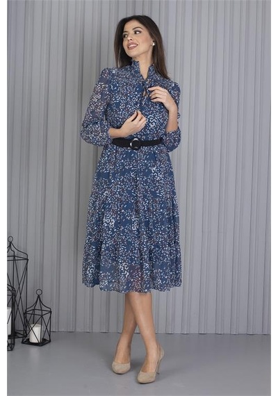 Neşeli Butik Kadın Indigo Kemerli Omuzları Gipeli Desenli Şifon Elbise Apcx04 Indigo