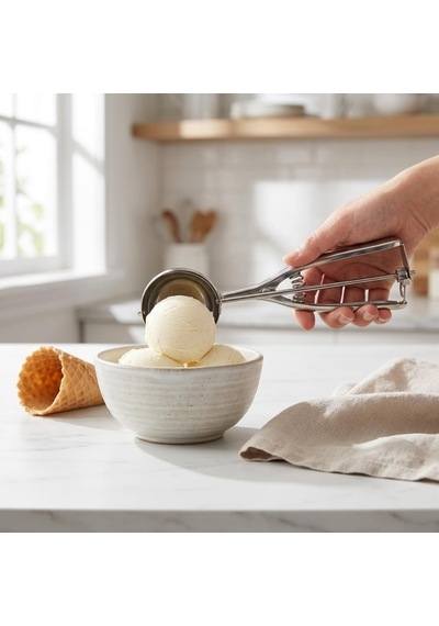 Paslanmaz Çelik Mekanizmalı Dondurma Kaşığı, 4,5 Cm Çaplı Yuvarlak Servis Haznesi, 21 Cm Kolay Kullanımlı Tatlı Ve Meyve Topu Servis Aparatı