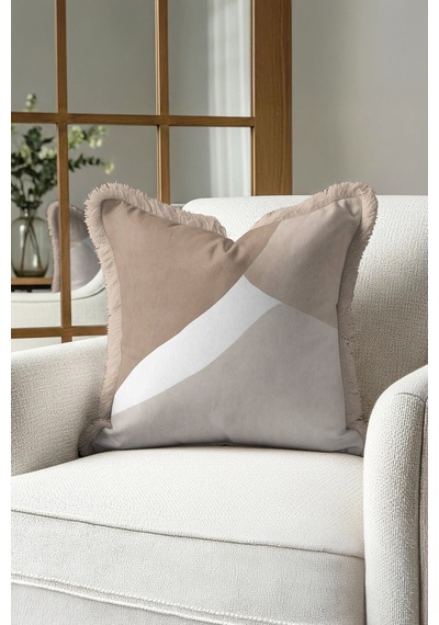 Modern Lüks Saçaklı Yastık Kılıfı - Geometrik Minimalist Bej Modern Püsküllü Kırlent Kılıfı Batımı Koyu Taba