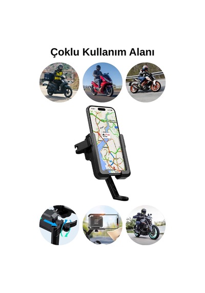 Motosiklet Uyumlu Ayna Telefon Tutacağı Metal + Abs Plastik Siyah Renk