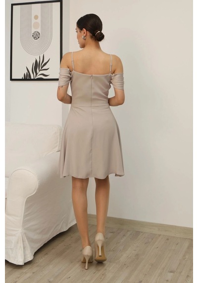 Lodmela Drape Detaylı Askılı Midi Elbise 2380-bej Bej