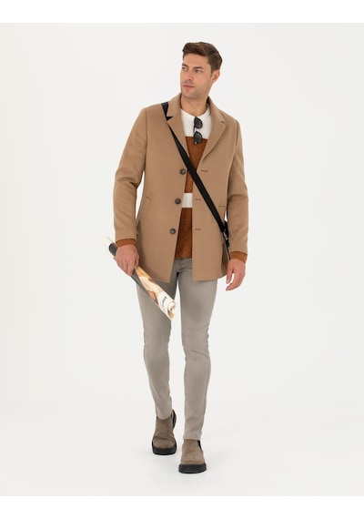Pierre Cardin Camel Yün Karışımlı Ekstra Slim Fit Kaşe Kaban 50270887-vr015