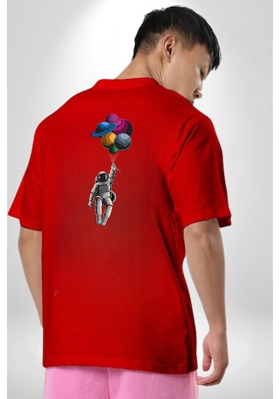 Gezegenler Balon Astronot Yükselişi Kırmızı Oversize Unisex Ön Ve Sırt Baskılı Tişört Kırmızı