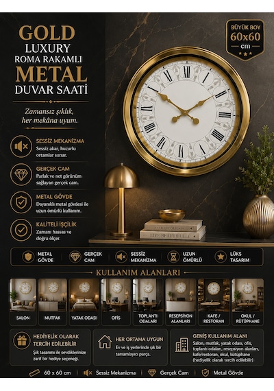 60 Cm Gold Metal Roma Rakamlı Duvar Saati