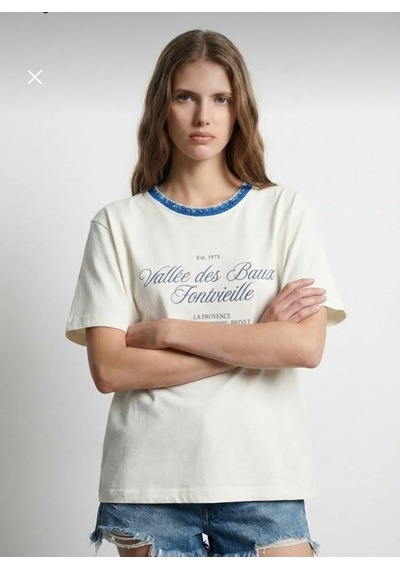 Yazılı Triko Yaka Oversize T-shirt Beyaz