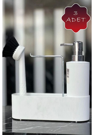 Mithra Life 3 Lü Krom Kapaklı Beyaz Deterjanlık Fırçalı Mutfak Banyo Temizlik Seti Düzenleyici Mıt1177 Beyaz