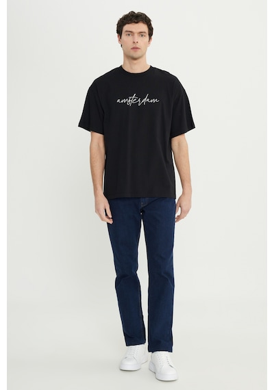 AC&Co / Altınyıldız Classics Erkek Sıyah Beyaz Oversize %100 Pamuk Geniş Kesim Baskılı Bisiklet Yaka Tişört Siyah Beyaz