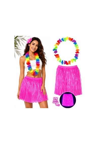 Hawaii Parti Eteği 40 Cm Neon Pembe + Rengarenk Hawaii Kolye Diğer
