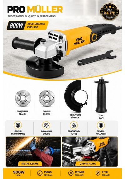 Pro Müller Powerfull Ml-900 Çelik Şanzıman 6 Kademe Devir Ayarlı Orta Boy Taşlama Ve Kesim Makinesi