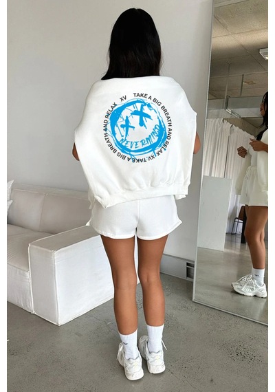 Unisex Kapüşonlu Sweatshirt - Relax Baskılı Oversize Hoodie Beyaz