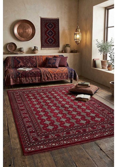 Afgan Halısı Bilicik Etnik Hoca Roshnai Otantik Desen Viskon Kırmızı Halı Bc04 Ş. Bordo