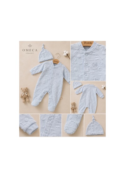 Omeca Concept Dokulu, Desenli Şapkalı Bebek Tulum Seti Yumuşak Dokulu Ayaklı Tulum mavi