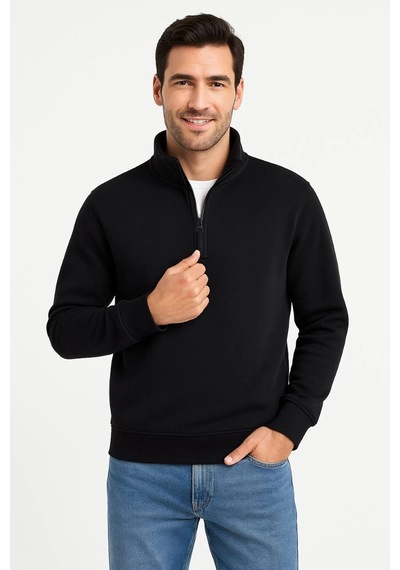 Barlashive Erkek Dik Yaka Sweatshirt Dik Yaka Yarım Fermuarlı 3 İplik Pamuk Kumaş - Siyah Çok Renkli