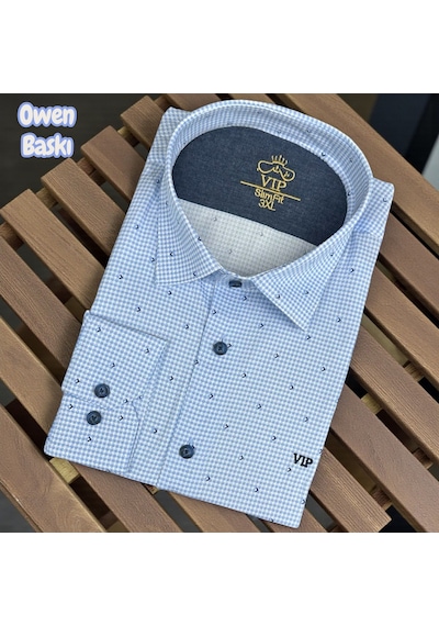 Slim Fit Pamuklu Uzun Kollu Cepsiz Spor Gömlek Slim Fit Kalıp Mavi