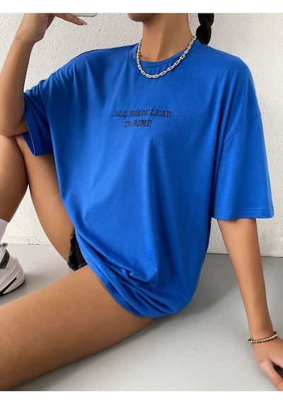 To Rome T-shirt - Saks Mavi Baskılı Oversize Bisiklet Yaka Kısa Kol Tişört Saks Mavi