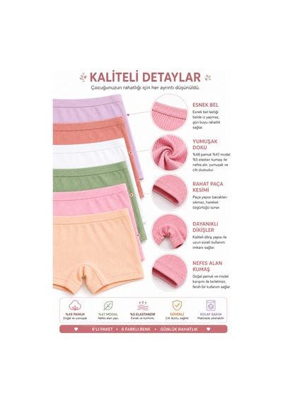 Westicgiyim Kız Çocuk Boxer 6 Lı Paket Fitilli Modal %48 Pamuk %47 Modal Esnek Yumuşak Çocuk İç Çamaşırı 3-12 Yaş Çok Renkli